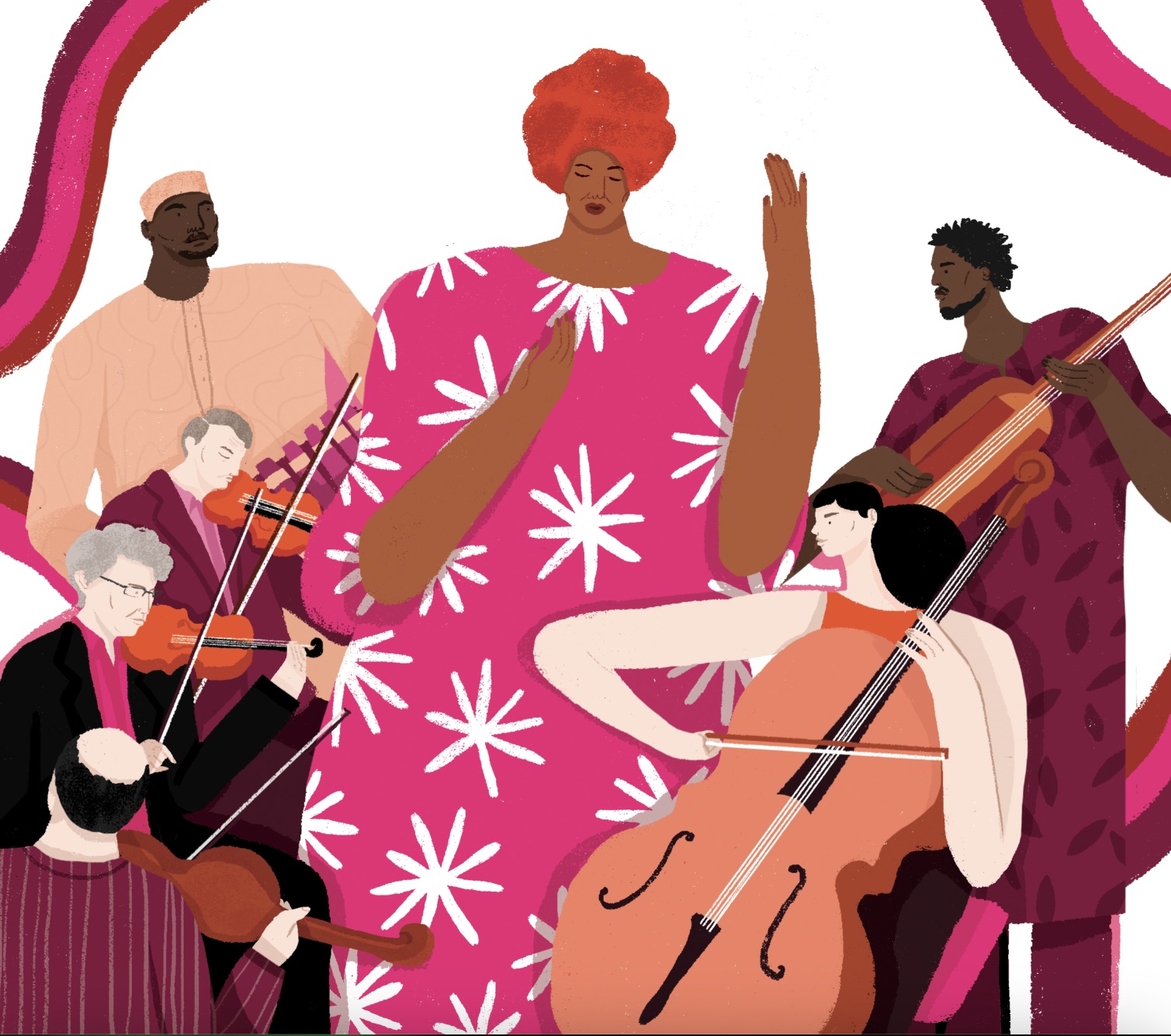 New Yorker illustration of Trio Da Kali and Kronos Quartet